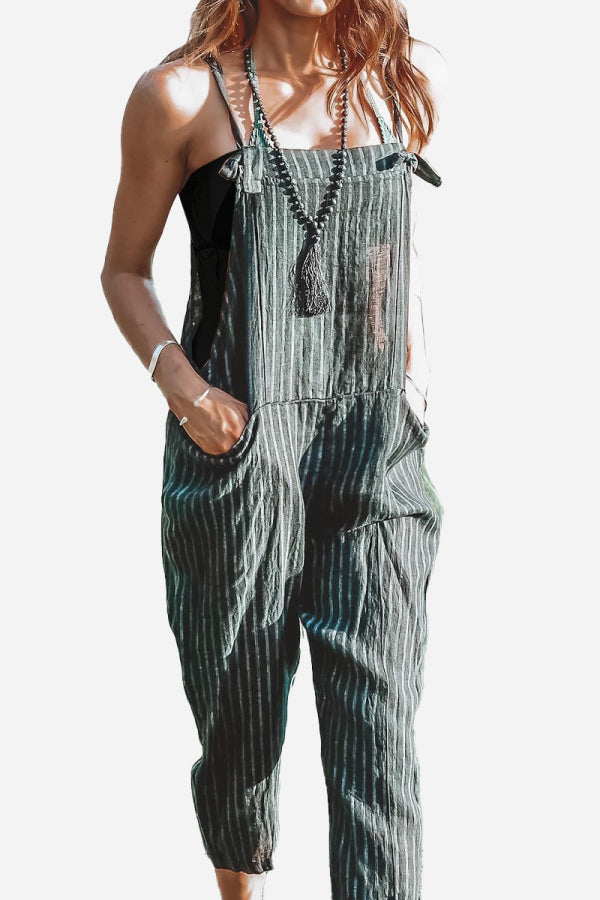 Chic Utility Striped Overalls With Tie-up Straps & Pockets